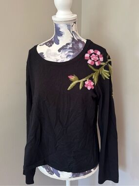 Vintage Valenti Black Long Sleeve Top With Floral Embroidery On The Shoulder